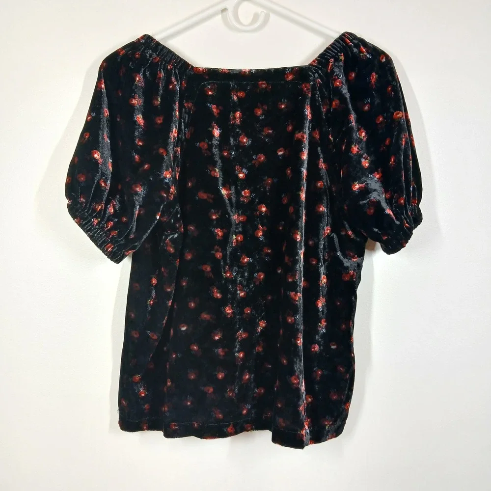 LOFT Blouse Women Petite Medium Black Velvet Floral Puff Sleeve Romantic